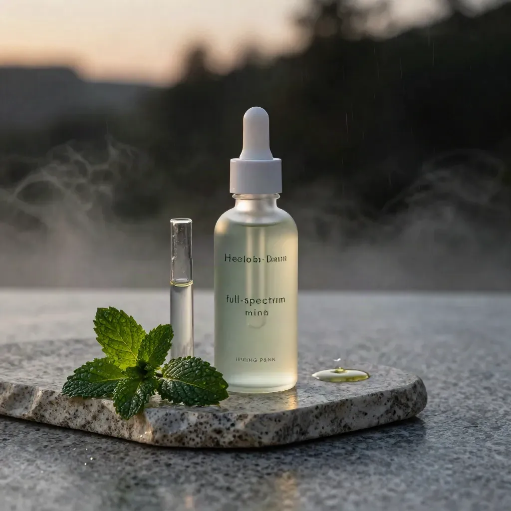 Unbranded mint CBD tincture bottle with dropper, mint sprigs, stone tray, and misty blue-hour light.