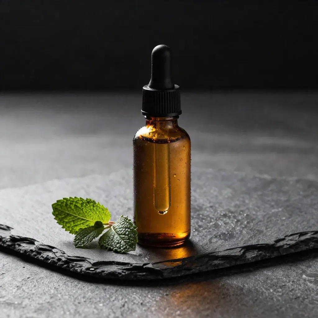 Amber mint CBD tincture bottle with dropper beside wet slate and crushed mint leaves.