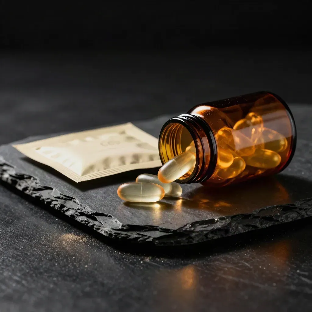 Dark studio shot of a CBD capsule bottle with softgels, a folded packet, and haze on black stone.