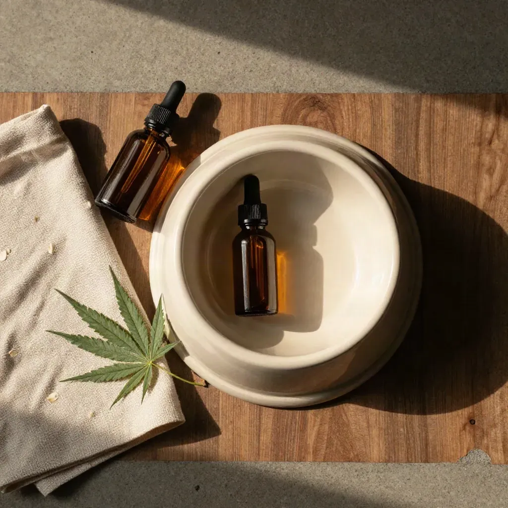 Overhead flatlay of pet CBD oil bottle, cream bowl, folded cloth and hemp sprig on warm stone.