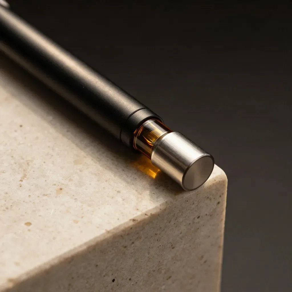 Macro vape cartridge components on pale stone with soft vapor and black shadow.