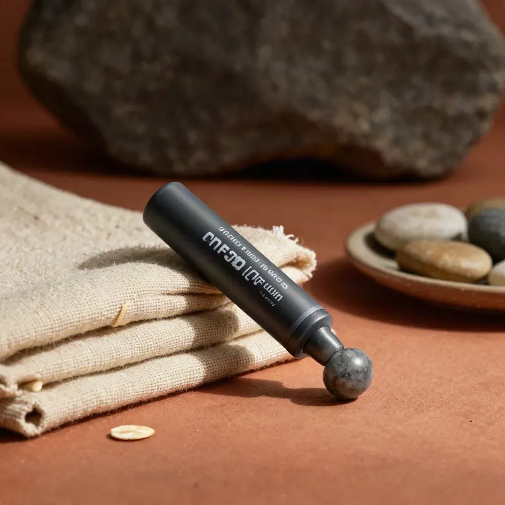 Charcoal CBD roll-on beside folded linen and pebbles on terracotta clay, softly lit.
