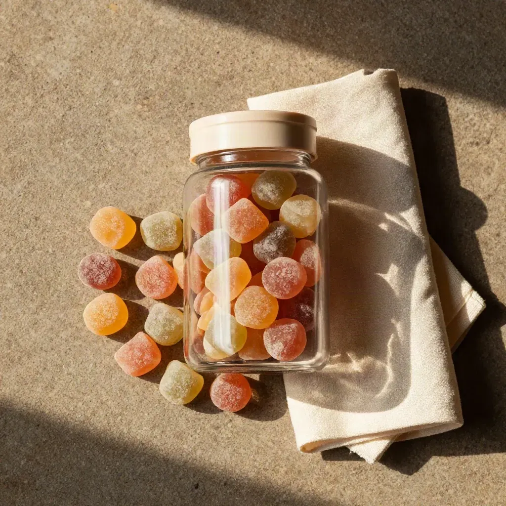 Top-down gummies jar with cream linen and a ring of mixed-fruit chews on stone.