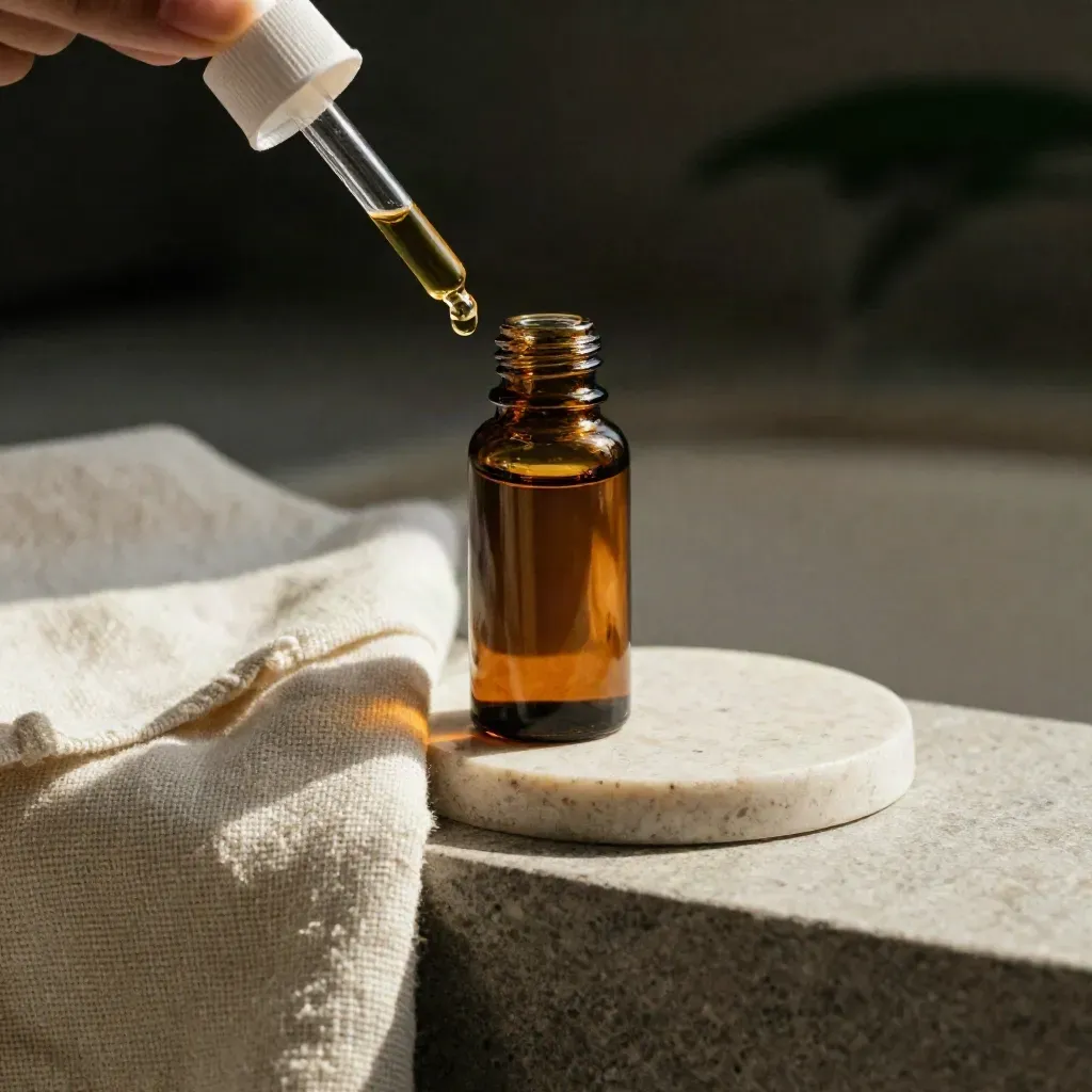 CBD oil bottle with dropper on travertine beside linen, misty luxury wellness still life.