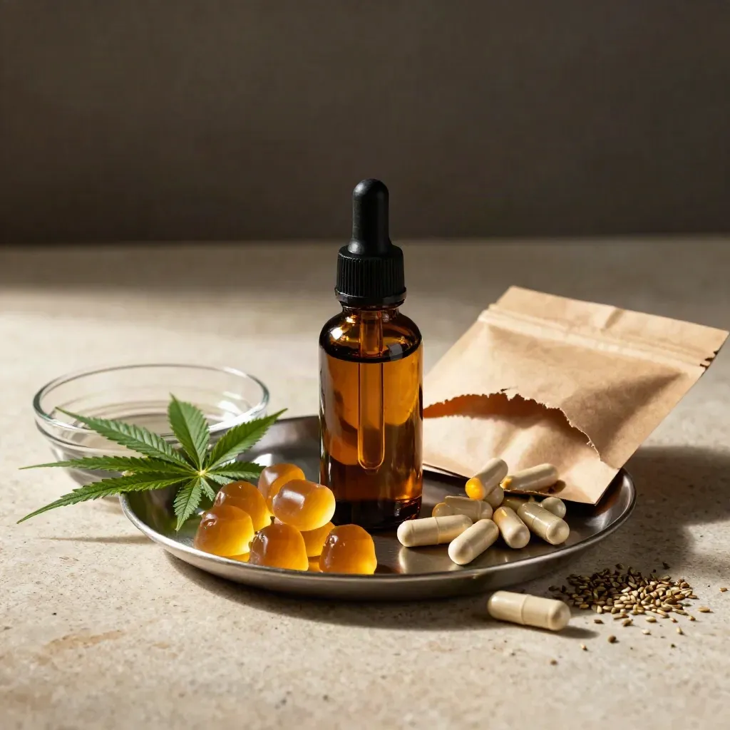 CBD oil, gummies and capsules spilling from a premium tray on creamy travertine.
