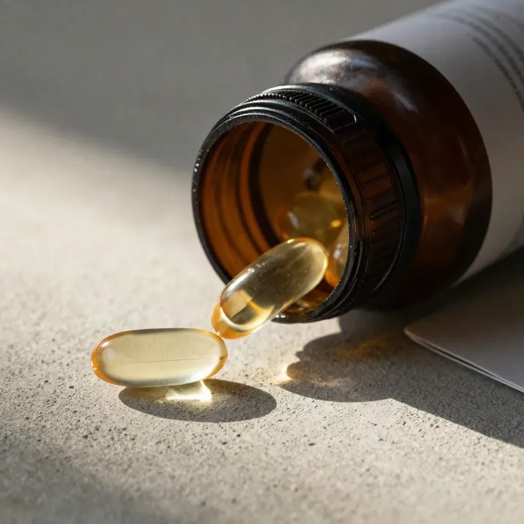 Macro close-up of a capsule bottle and aligned softgels on pale concrete.