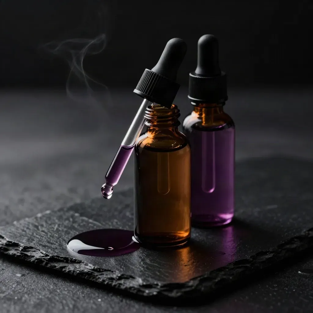 Moody CBD+CBN night oil bottle with dropper and berry sheen on black stone.