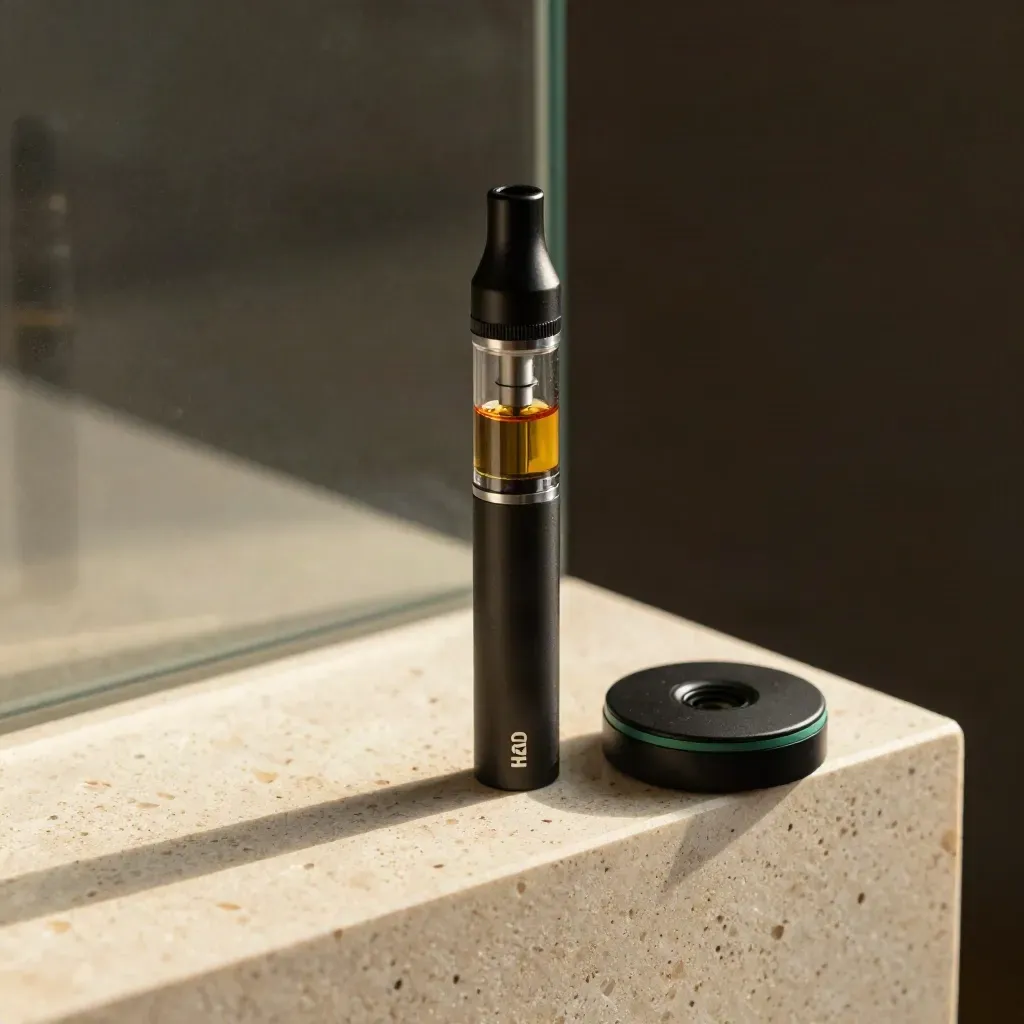 CBD vape pen kit with pen, battery, pod and charger on travertine with vapor haze