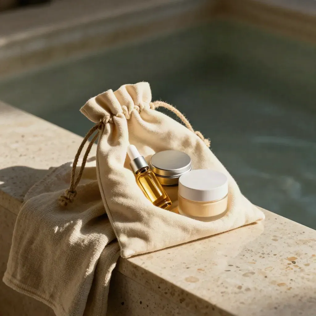 Cream pouch starter bundle with three mini CBD items on travertine, softly lit.